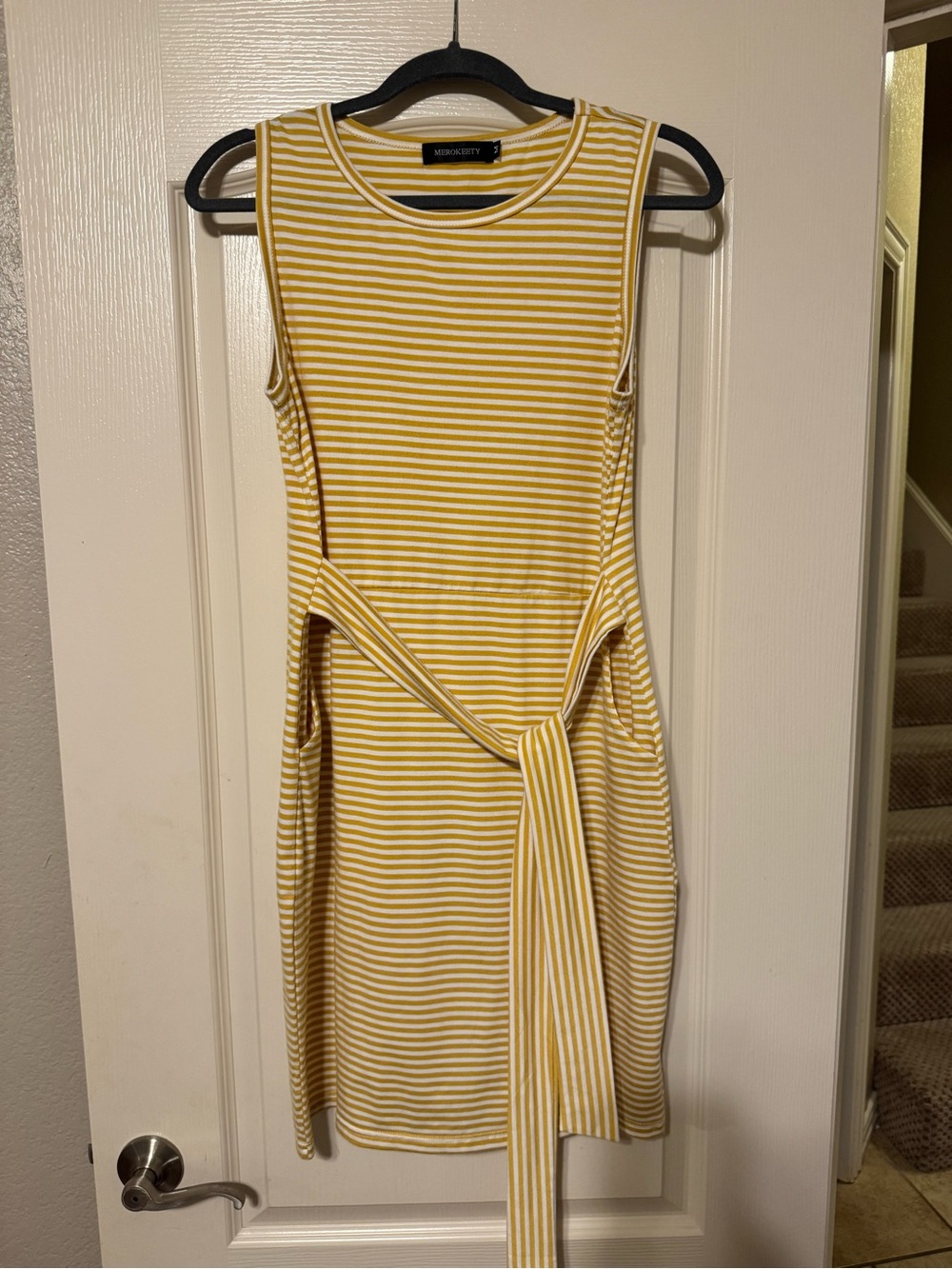 Women’s Sleeveless Yellow Stripe Tie-Waist Dress